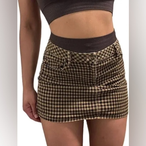 Kendall & Kylie Women’s Gingham Checkered Mini Skirt in Brown/Black Size M - Picture 3 of 13